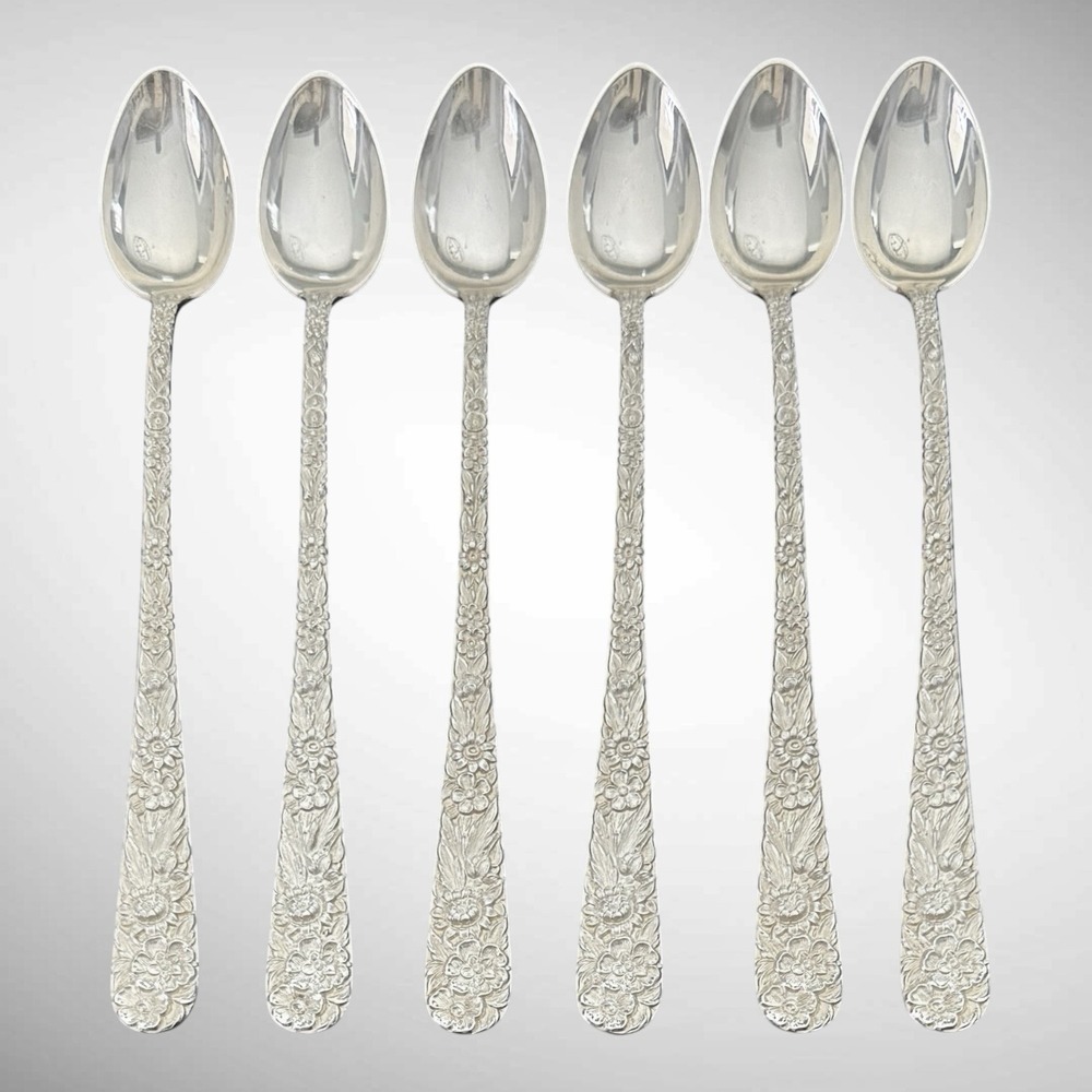 Kirk Repoussé Sterling Iced Tea Spoon 7¾" S Kirk & Son Set of 6 Floral No Mono